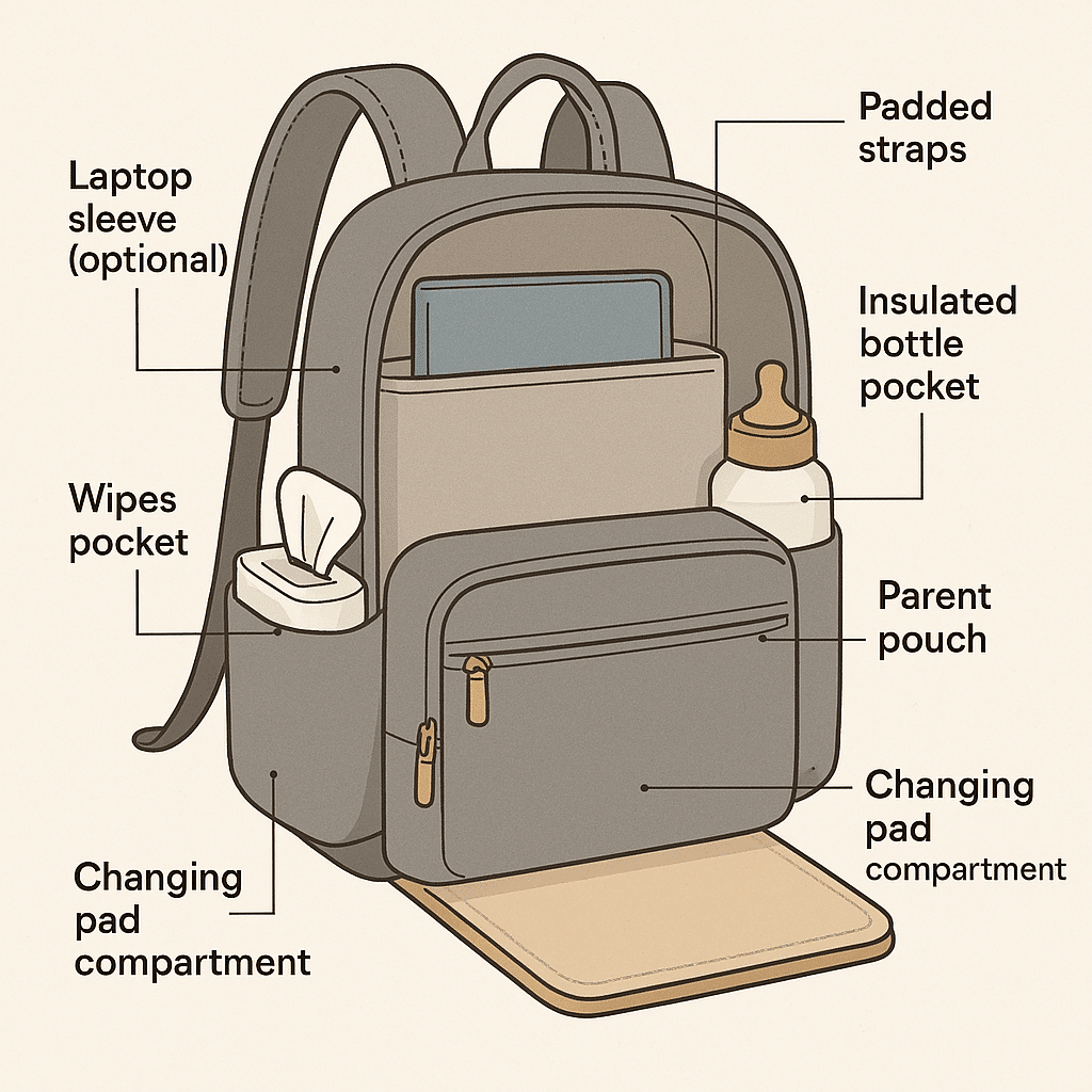 10 Best Diaper Bags Moms Swear By in 2025 (Stylish & Practical) 3 Anatomy of the best diaper bag showing essential pockets and comfort features for moms