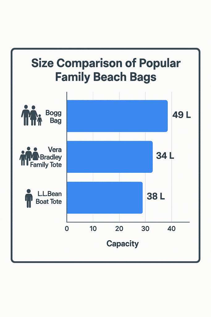 13 Best Beach Bags for Women That Are Stylish, Smart, and Sand-Proof 4 Bar chart comparing size and capacity of the best beach bags for families and groups