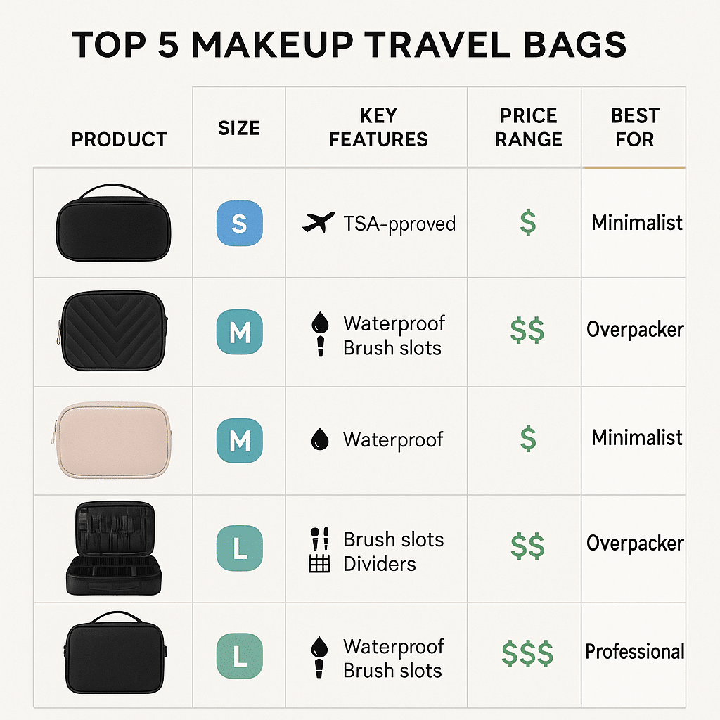 10 Best Makeup Travel Bags Women Swear By for Stylish, Organized Packing 5 Comparison chart of top 5 best makeup travel bags for women by size price and features