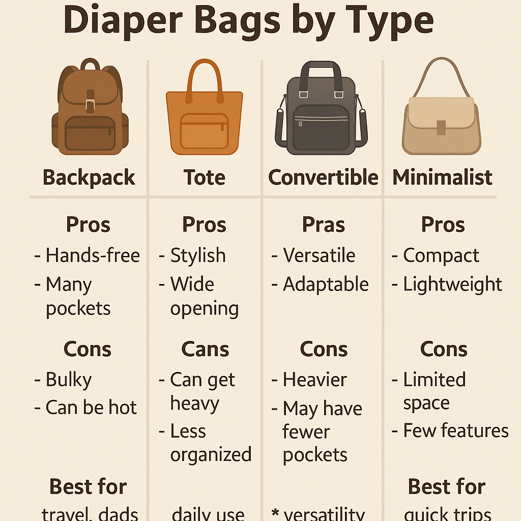 10 Best Diaper Bags Moms Swear By in 2025 (Stylish & Practical) 2 Comparison of best diaper bag styles—backpack tote and minimalist—with pros cons and best uses 1