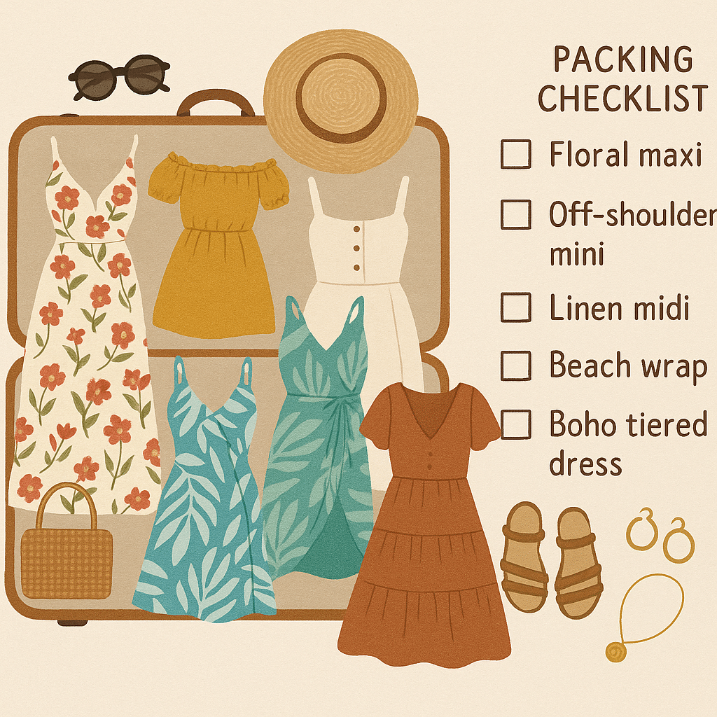 Flat lay of essential summer dresses to pack for vacation including maxi linen and floral styles