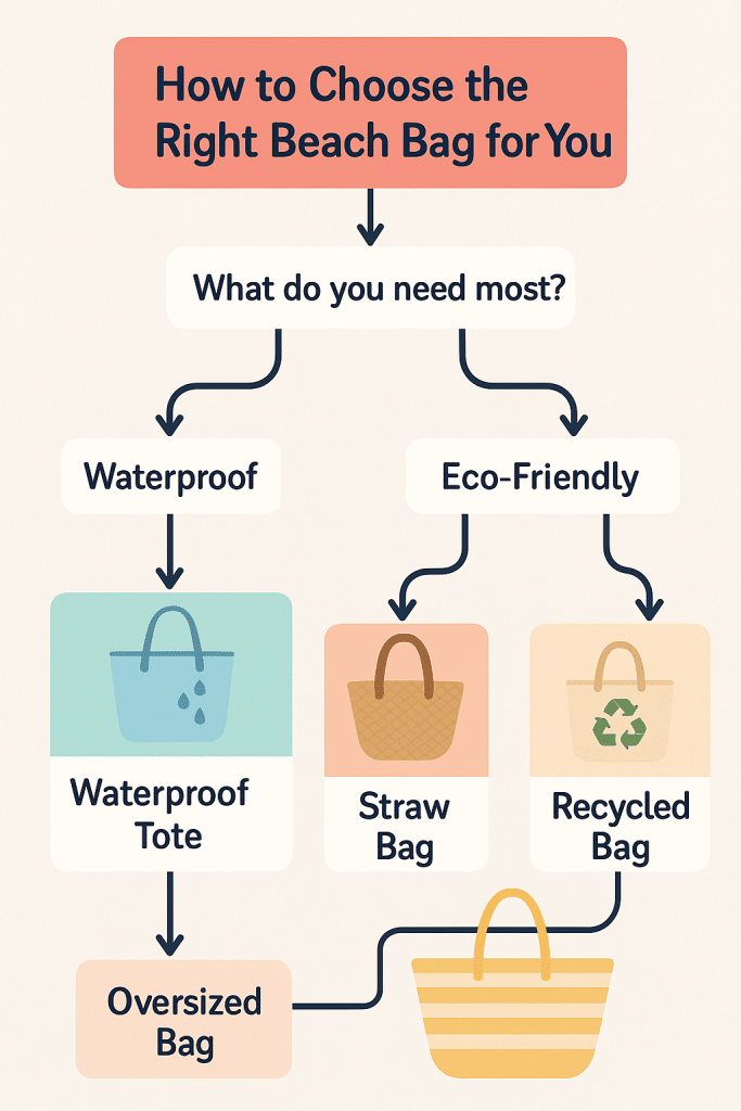 13 Best Beach Bags for Women That Are Stylish, Smart, and Sand-Proof 6 Flowchart helping women choose the best beach bags based on features like size waterproofing and style