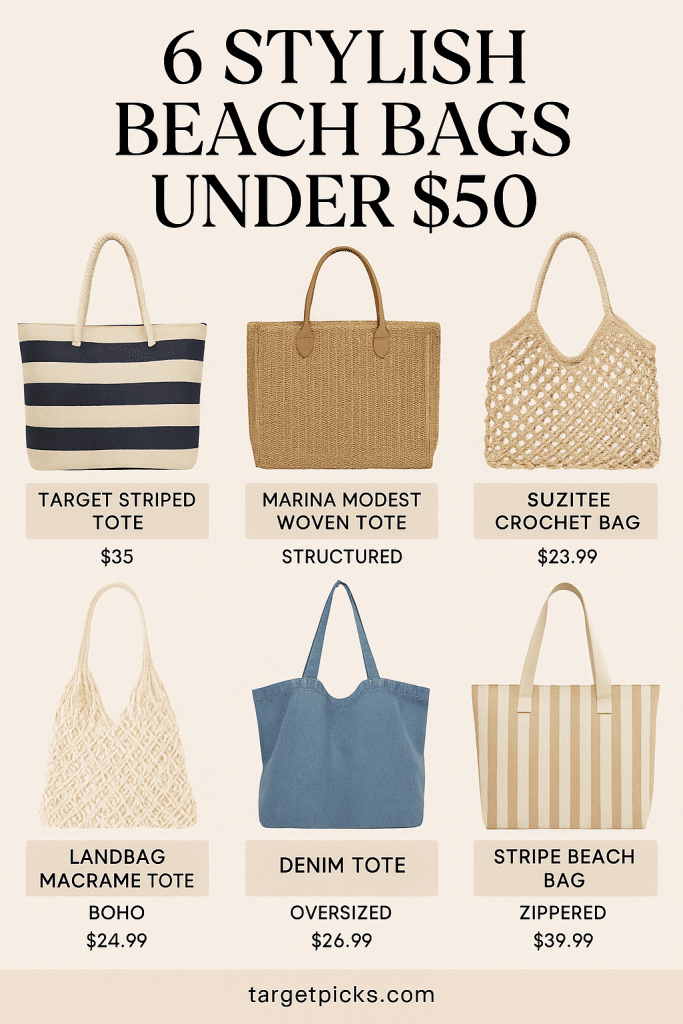 13 Best Beach Bags for Women That Are Stylish, Smart, and Sand-Proof 5 Grid showcasing six of the best beach bags under 50 for stylish women