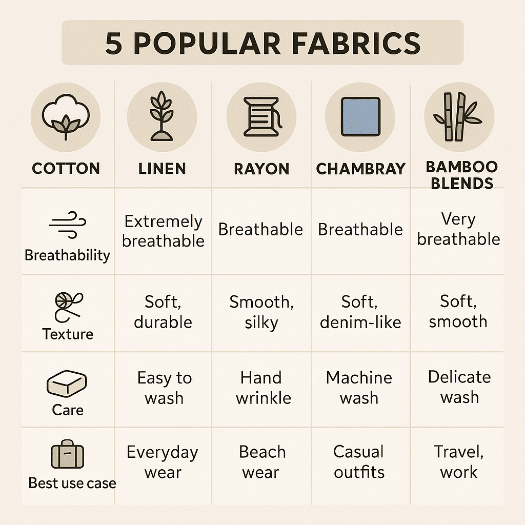 Infographic comparing the best fabrics for summer dresses with ratings for breathability softness and care needs