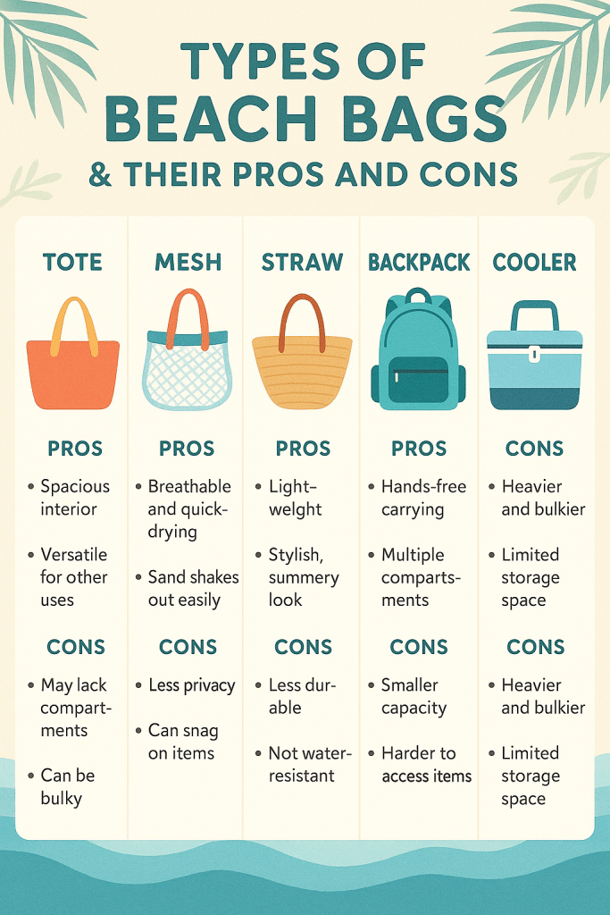 13 Best Beach Bags for Women That Are Stylish, Smart, and Sand-Proof 3 Infographic comparing types of the best beach bags for women including totes mesh straw and cooler bags with their pros and cons