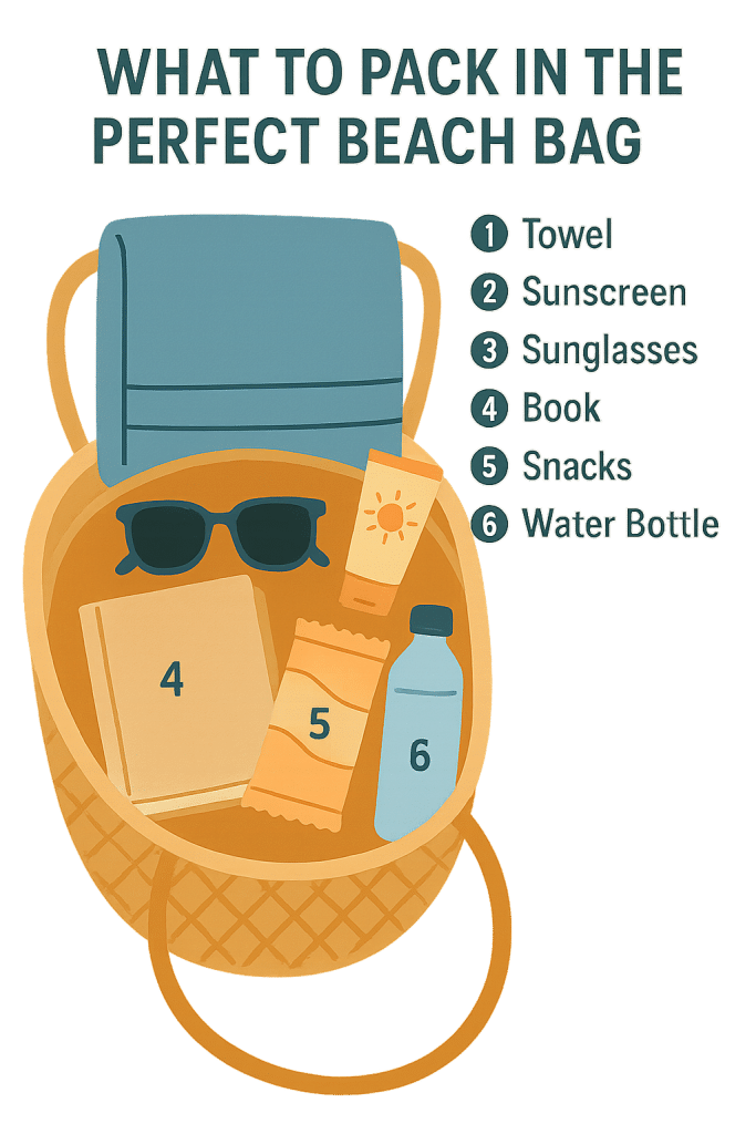 13 Best Beach Bags for Women That Are Stylish, Smart, and Sand-Proof 2 Labeled diagram of essentials packed inside the best beach bags for a summer beach day