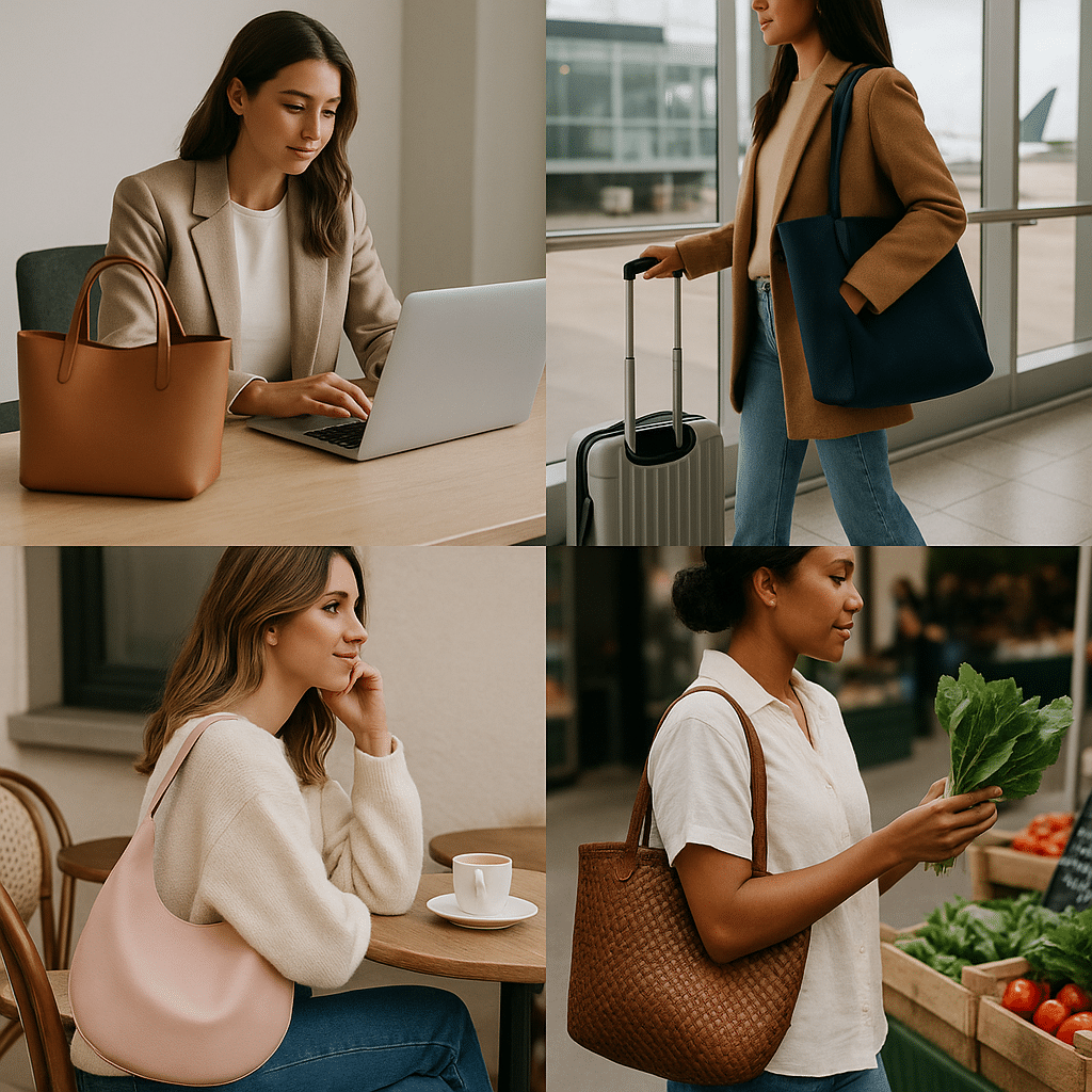 15 Best Tote Bags for Women That Are Stylish, Practical & Worth the Hype 4 Moodboard collage showing women using tote bags in work travel and casual settings