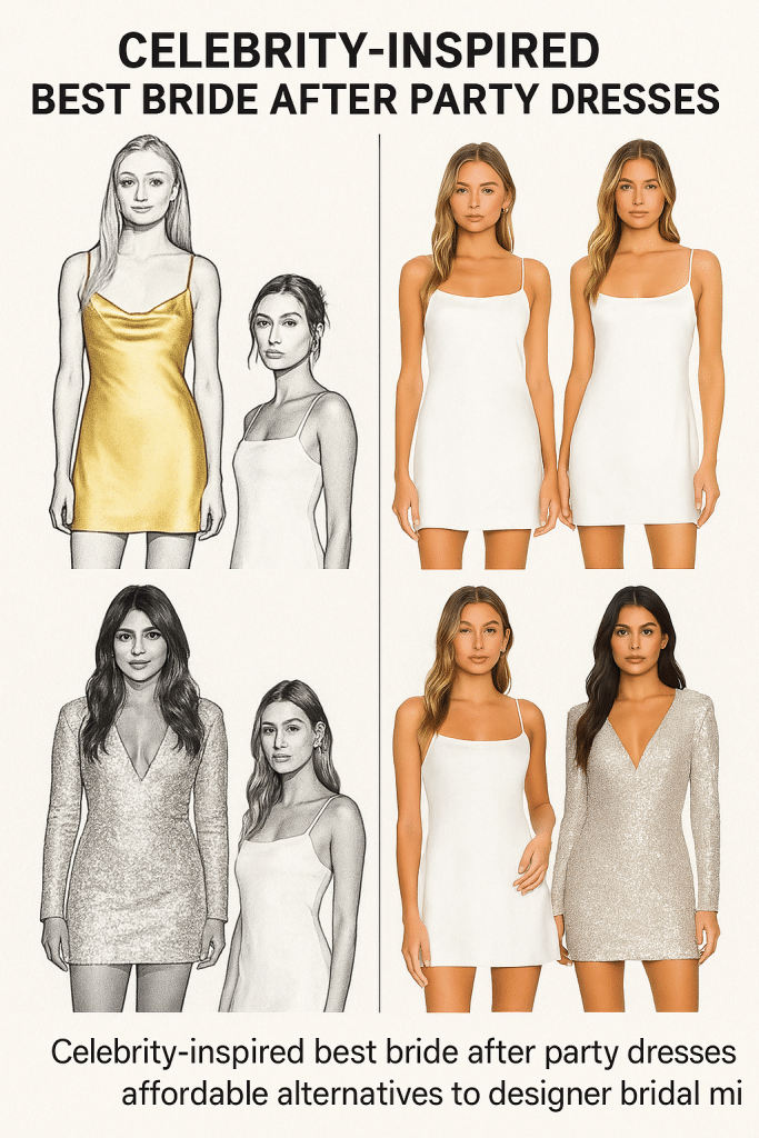 Celebrity inspired best bride after party dresses showing affordable alternatives to designer bridal minis worn by celebrities like Sophie Turner and Hailey Bieber