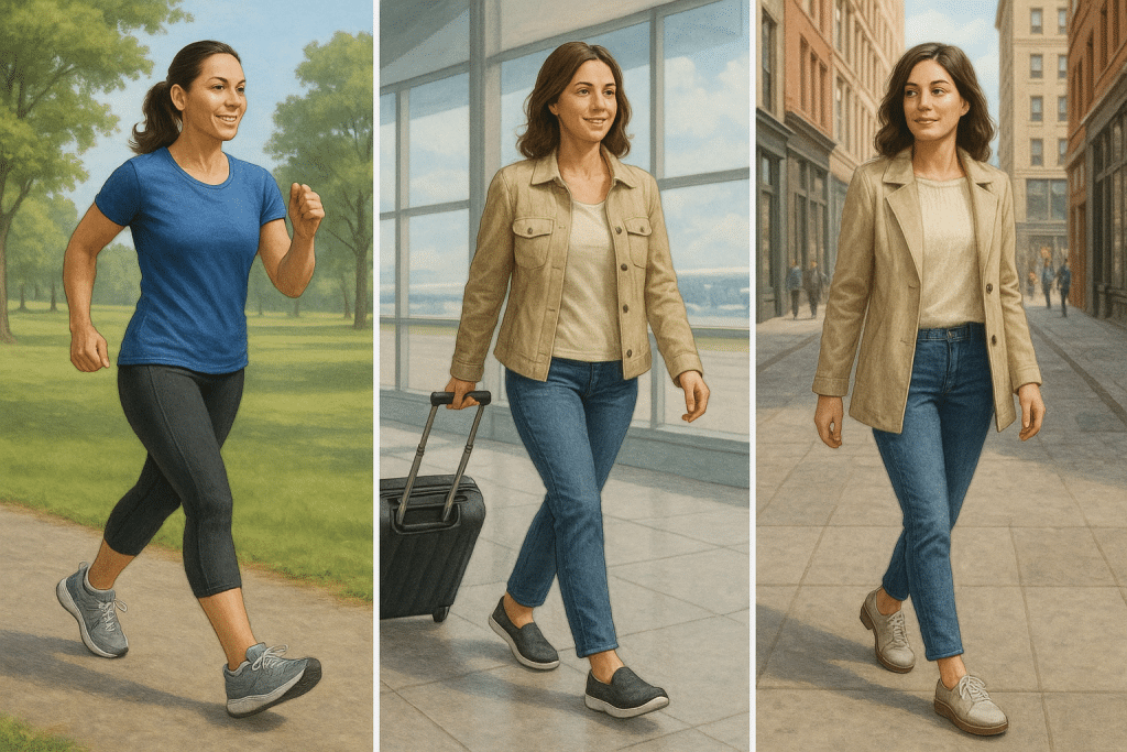 8 Best Walking Shoes for Women - All-Day Comfort & Support 5 Collage of women wearing the best walking shoes in a park at the airport and in the city