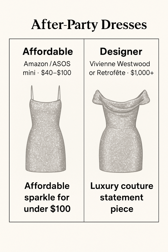 Comparison chart of affordable and designer best bride after party dresses showing budget friendly vs couture options
