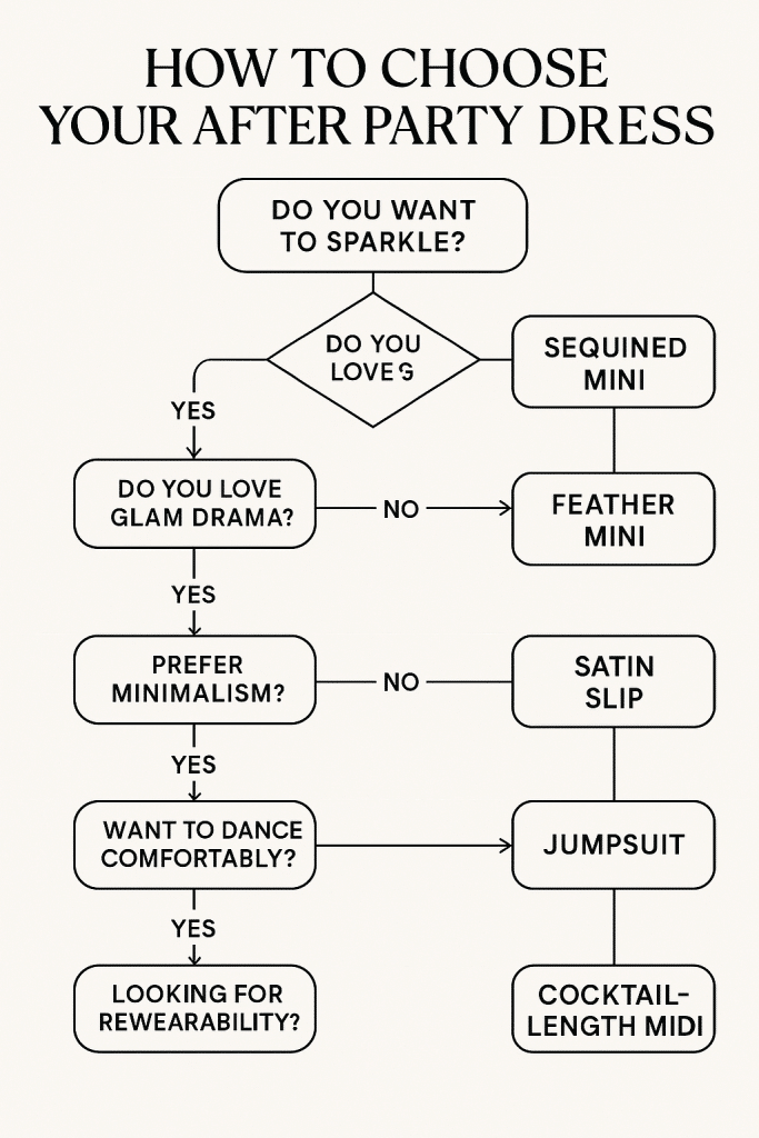 Decision flowchart helping brides choose the best bride after party dresses based on style preferences like sequins feathers satin jumpsuits or midi lengths