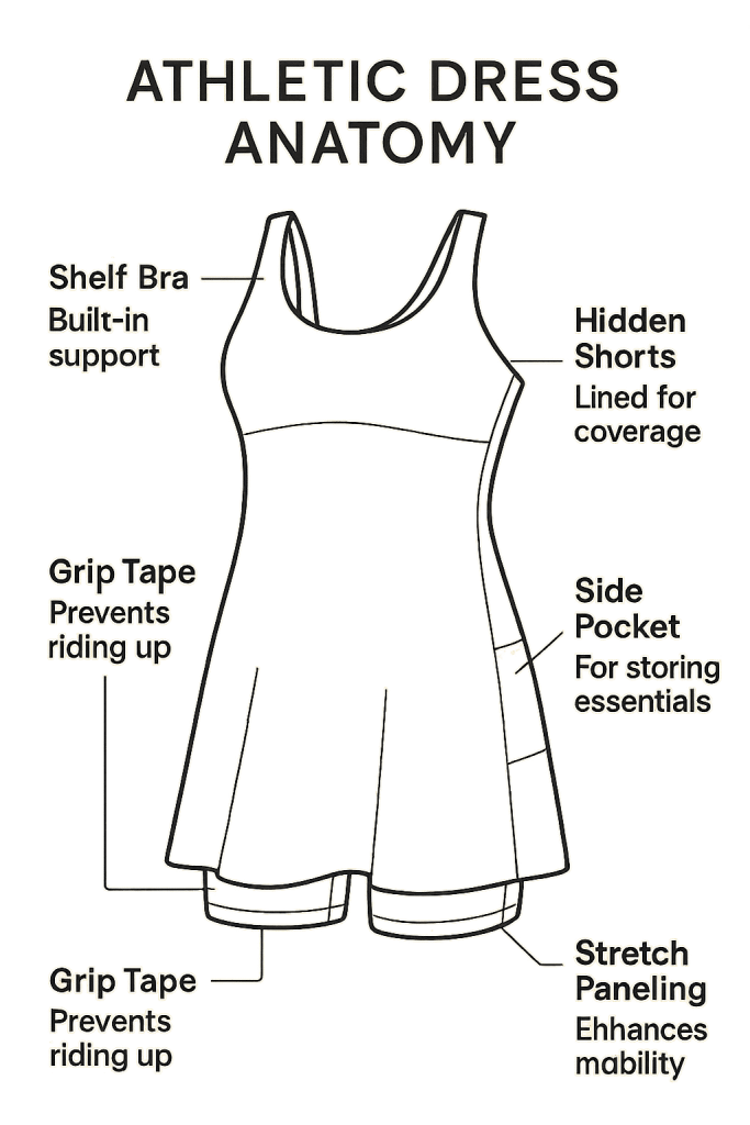 10 Best Athletic Dresses That Blend Comfort, Style & Performance 3 Diagram of athletic dress anatomy labeling built in bra hidden shorts side pockets and stretch panels