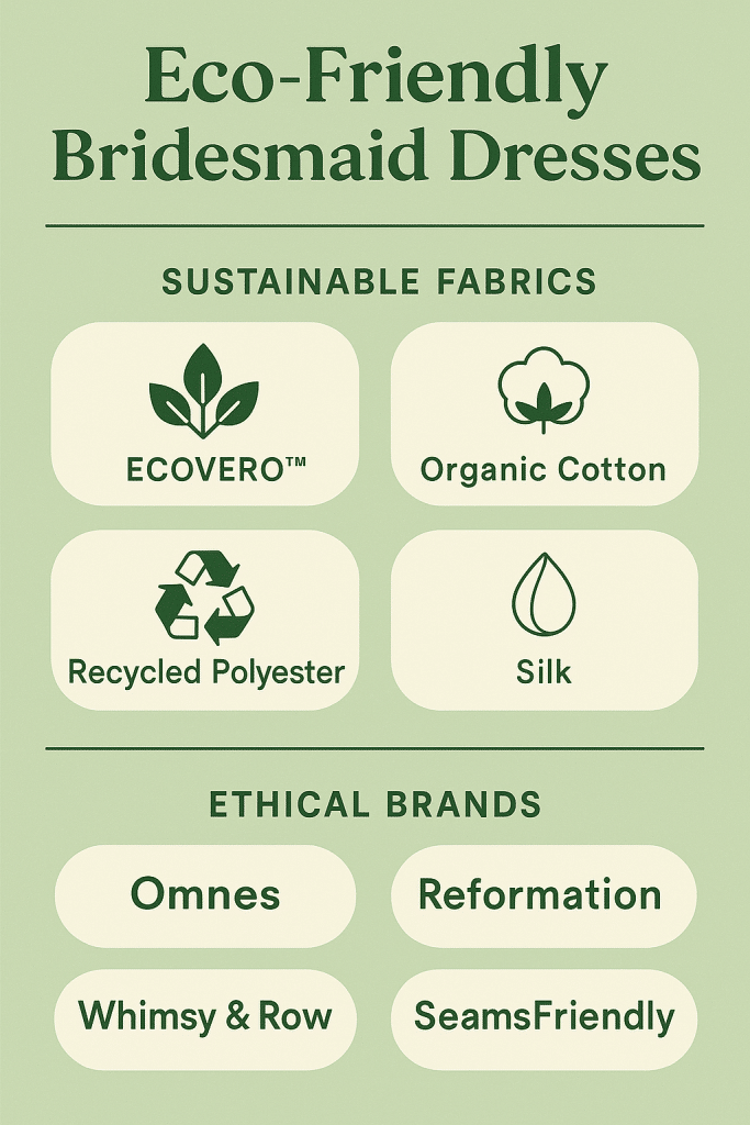 Eco friendly bridesmaid dresses infographic highlighting sustainable fabrics and ethical brands for weddings in 2025