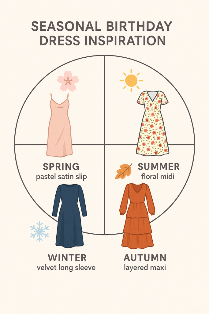 Graphic showing seasonal birthday dress inspiration including satin slip for spring floral midi for summer layered maxi for autumn and velvet dress for winter