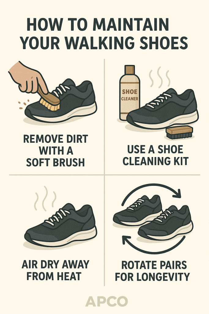 8 Best Walking Shoes for Women - All-Day Comfort & Support 4 Illustrated four step guide showing how to clean and maintain the best walking shoes for long lasting comfort