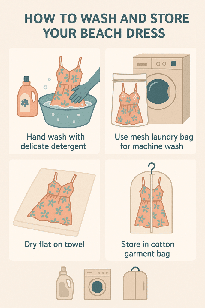 Illustration guide on how to wash and store the best beach dresses safely at home