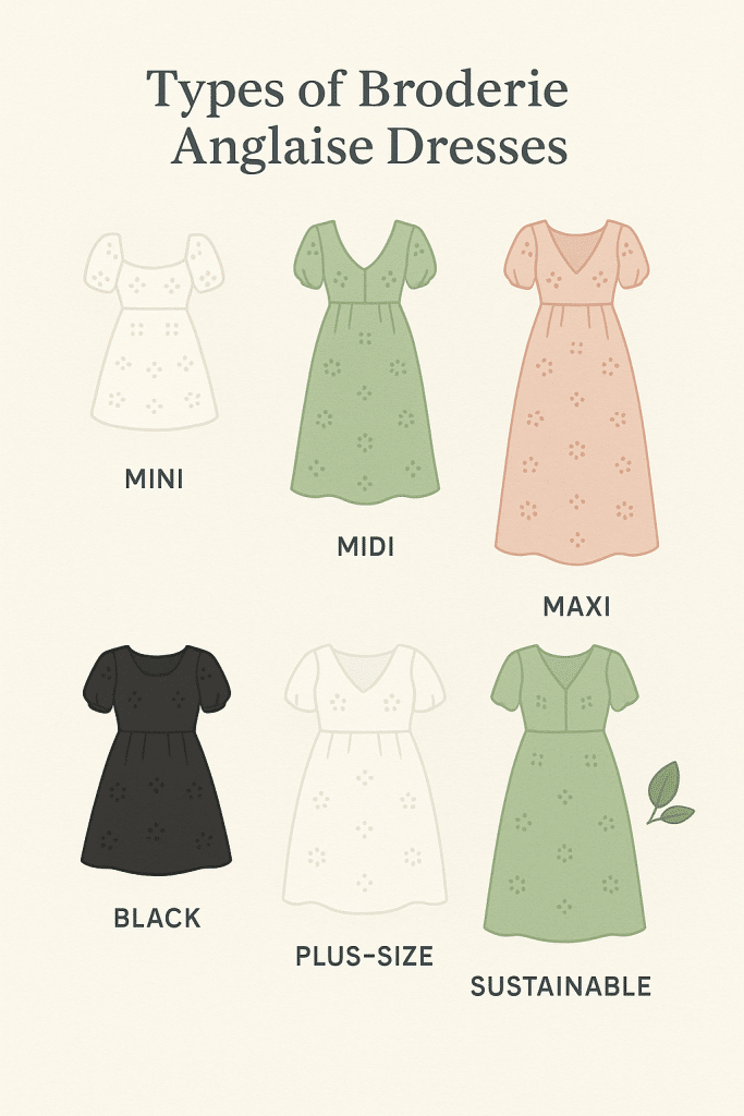Illustration of different styles of broderie anglaise dresses including mini midi maxi black plus size and eco friendly options