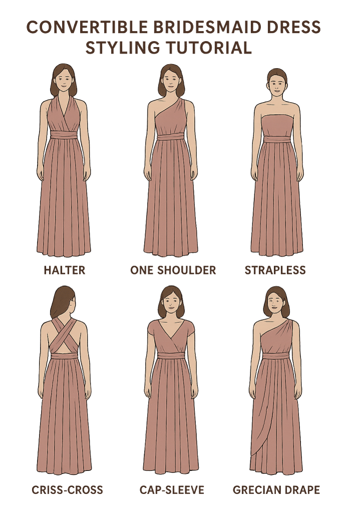Illustration of the best bridesmaid dresses with multiple convertible styles showing six different ways to wear one dress