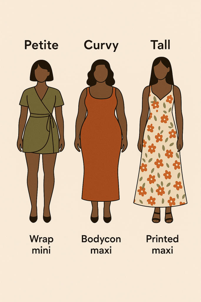 Illustration showing the best birthday dresses for different body types petite curvy and tall