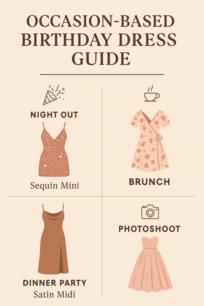 Infographic guide to the best birthday dresses for different occasions including sequin mini satin midi floral wrap and tulle gown