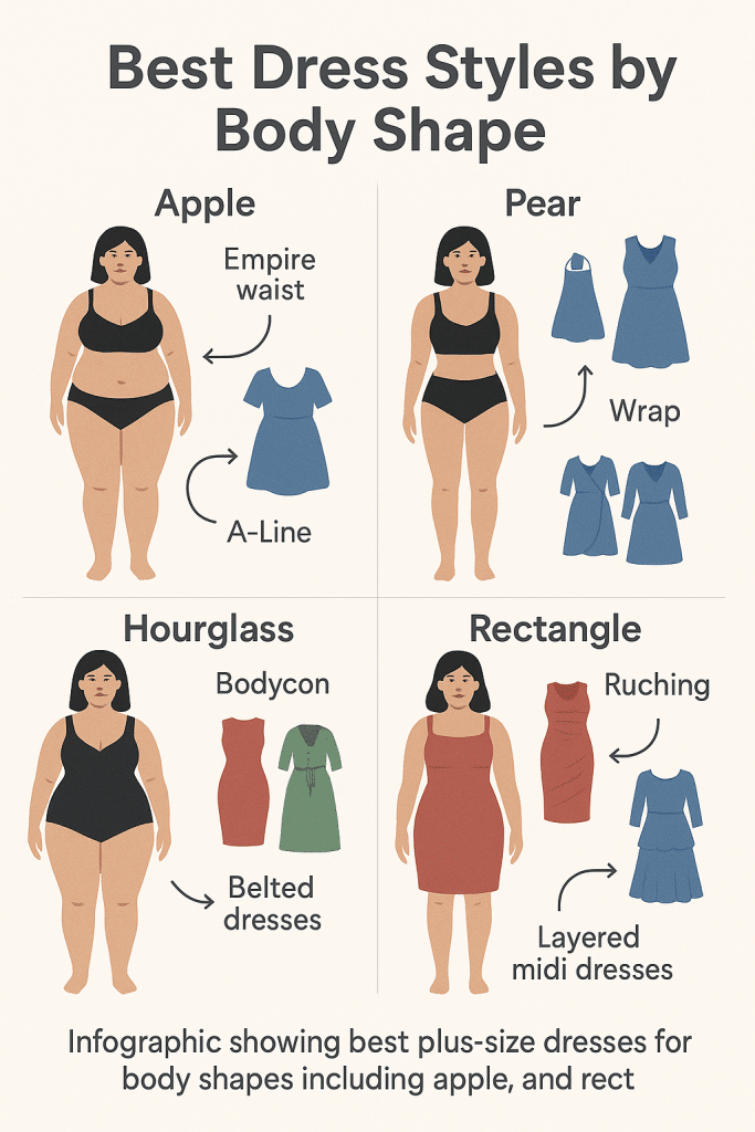 Infographic showing best plus size dresses for body shapes including apple pear hourglass and rectangle silhouettes
