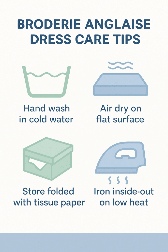 Infographic showing care tips for broderie anglaise dresses including washing drying storing and ironing
