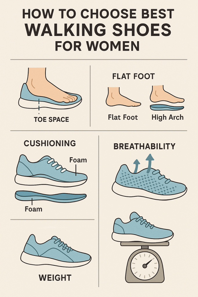 8 Best Walking Shoes for Women - All-Day Comfort & Support 3 Infographic showing fit arch support cushioning breathability and weight factors for choosing the best walking shoes for women