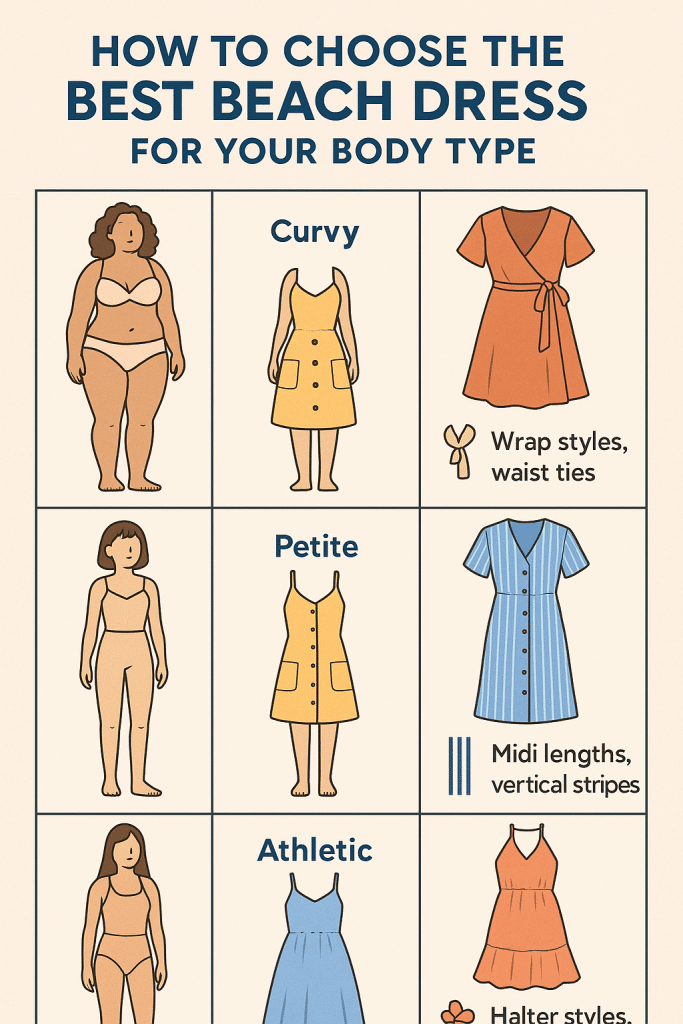 Infographic showing how to choose the best beach dresses for different body types including curvy petite and tall women