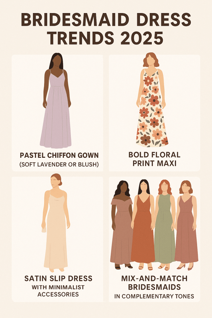 Infographic showing the best bridesmaid dress trends of 2025 including pastels florals satin and mix and match styles