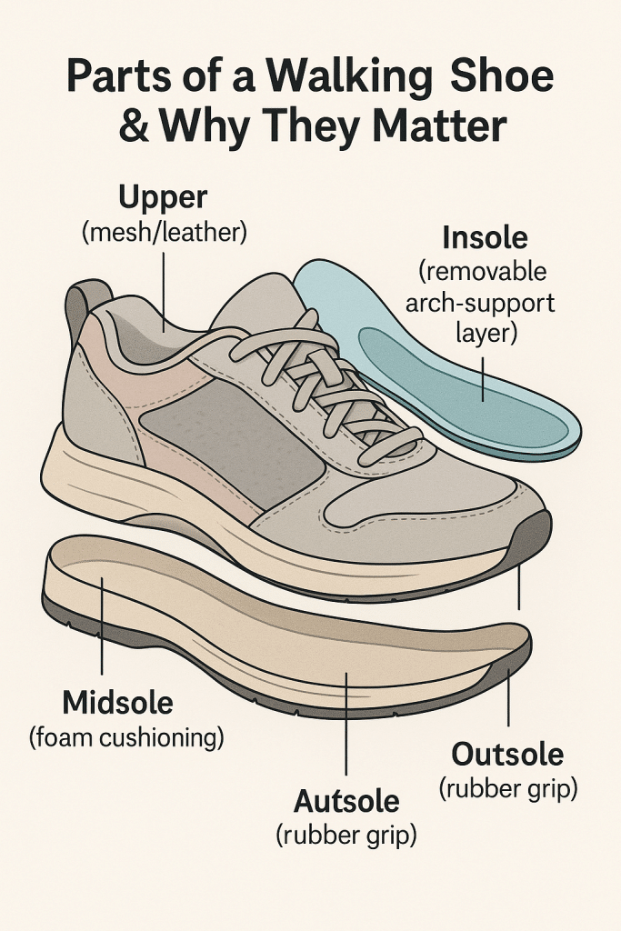 8 Best Walking Shoes for Women - All-Day Comfort & Support 2 Labeled cutaway diagram of a womens walking shoe explaining each parts function for comfort and support