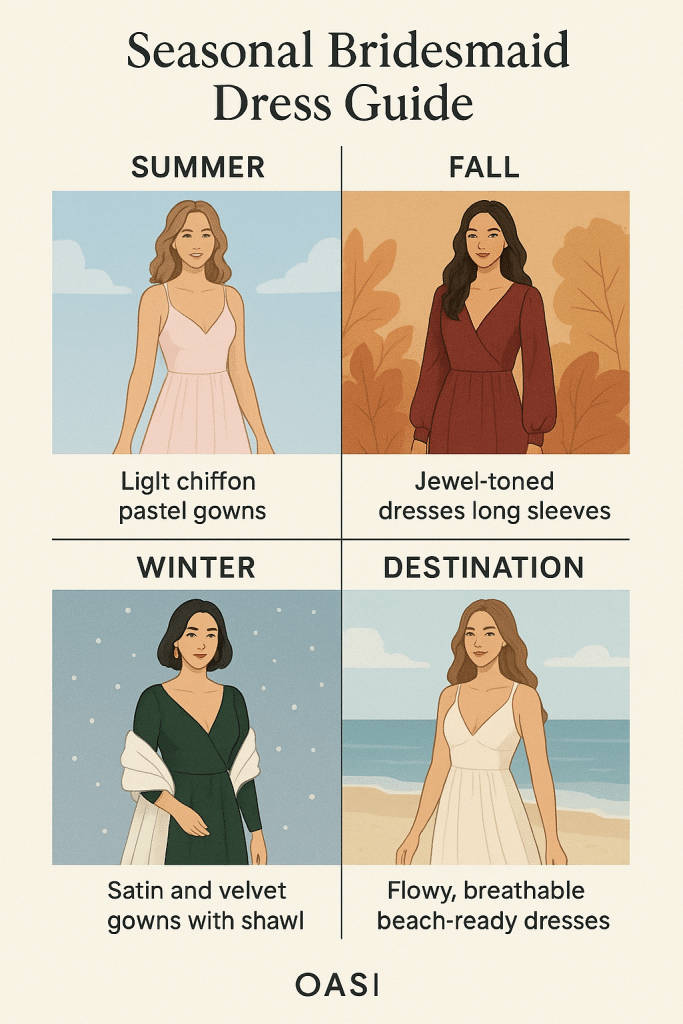 Seasonal guide to the best bridesmaid dresses with summer pastels fall jewel tones winter velvet and satin and breezy destination gowns