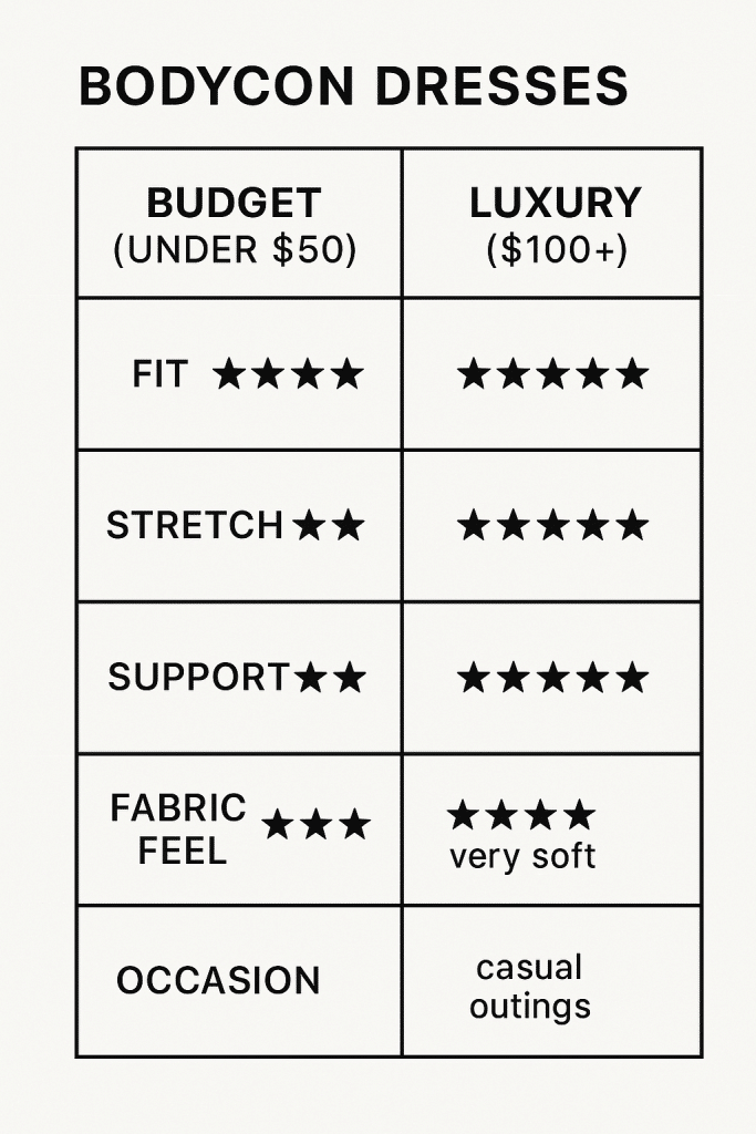 Side by side comparison of affordable vs luxury bodycon dresses with features and ratings