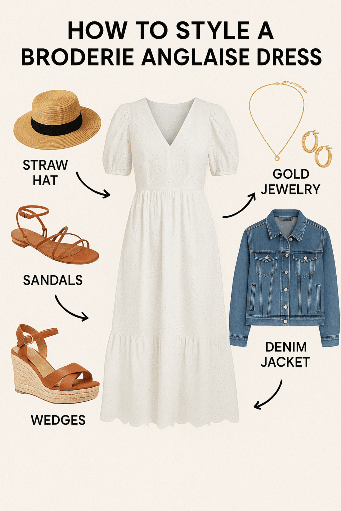 Styling guide diagram showing how to wear a broderie anglaise dress with sandals straw hat jewelry and a denim jacket