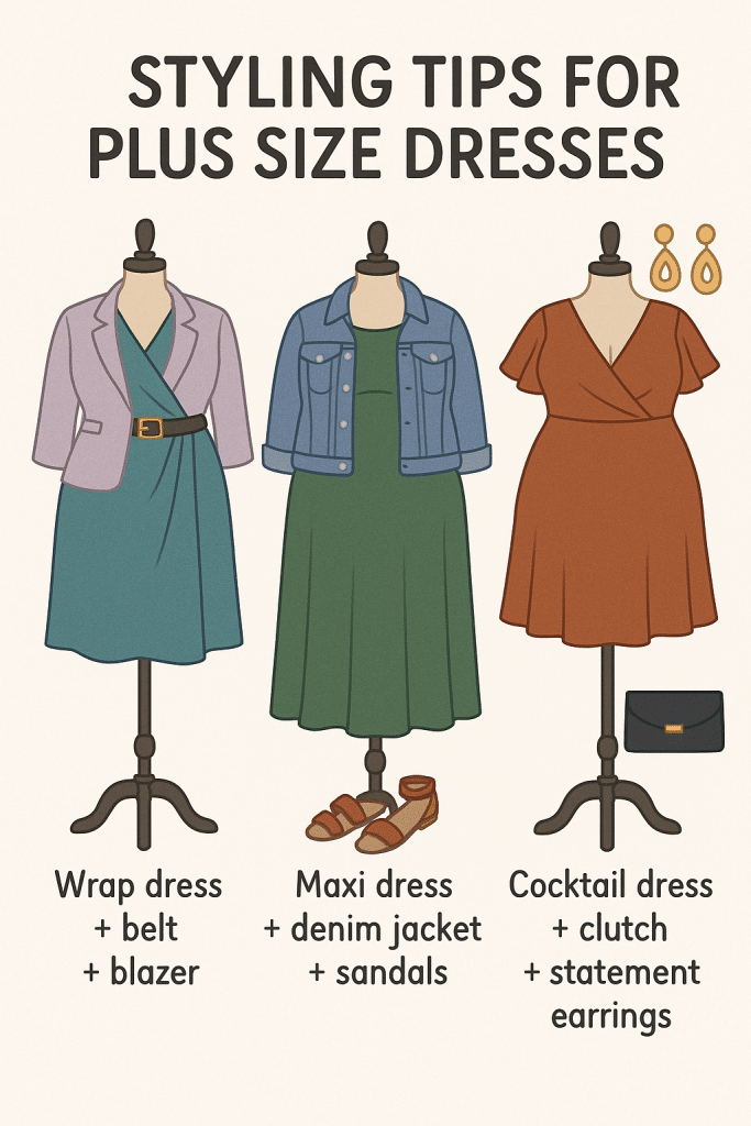 Styling guide for best plus size dresses showing outfit combinations with accessories like belts jackets and jewelry