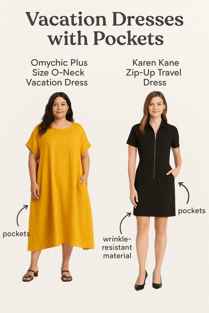 Visual showcase of the best plus size vacation dresses with pockets including Omychic and Karen Kane travel dresses