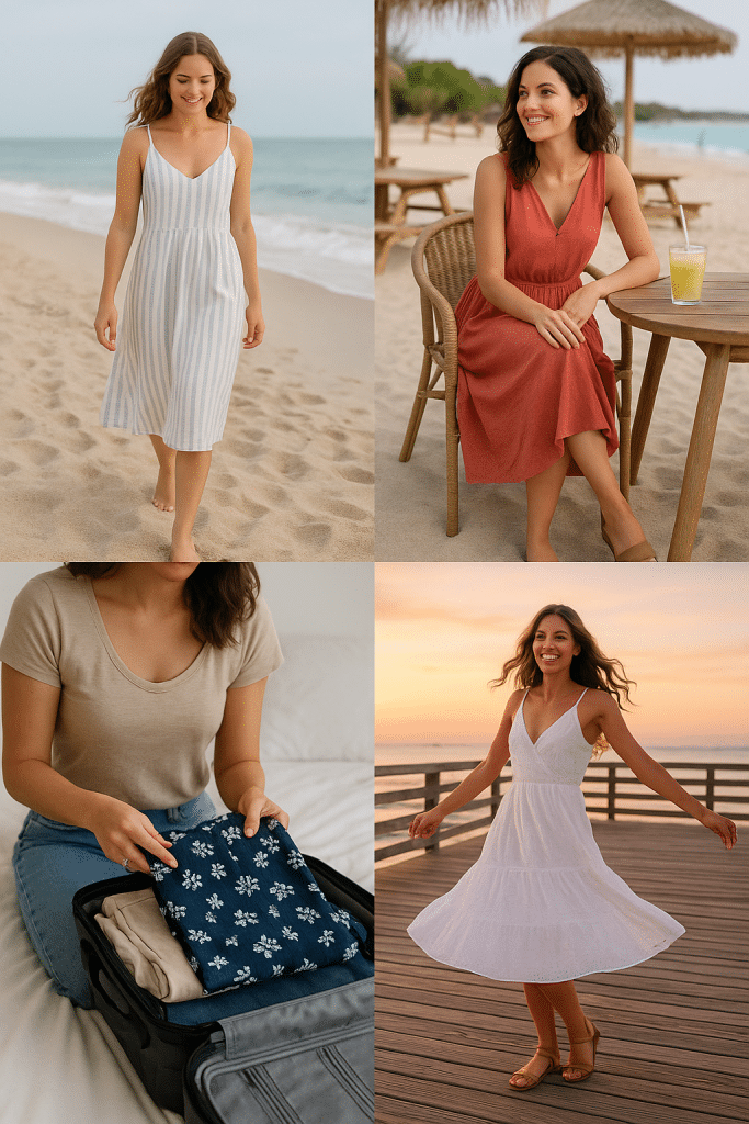 Women wearing the best beach dresses for vacation travel dinner and beach outings