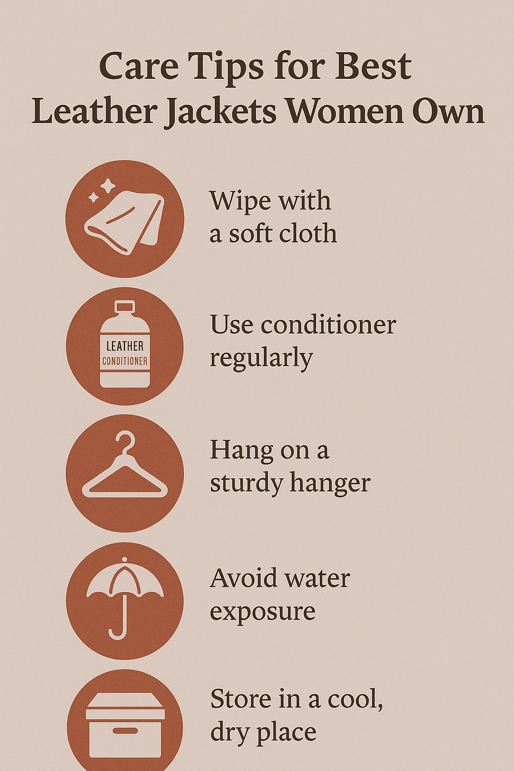 Care tips infographic illustrating how to maintain the best leather jackets women wear