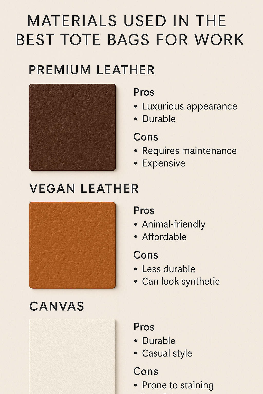 7 Best Tote Bags for Work Every Fashion-Savvy Woman Needs 6 Close up materials guide for the best tote bags for work including leather and canvas