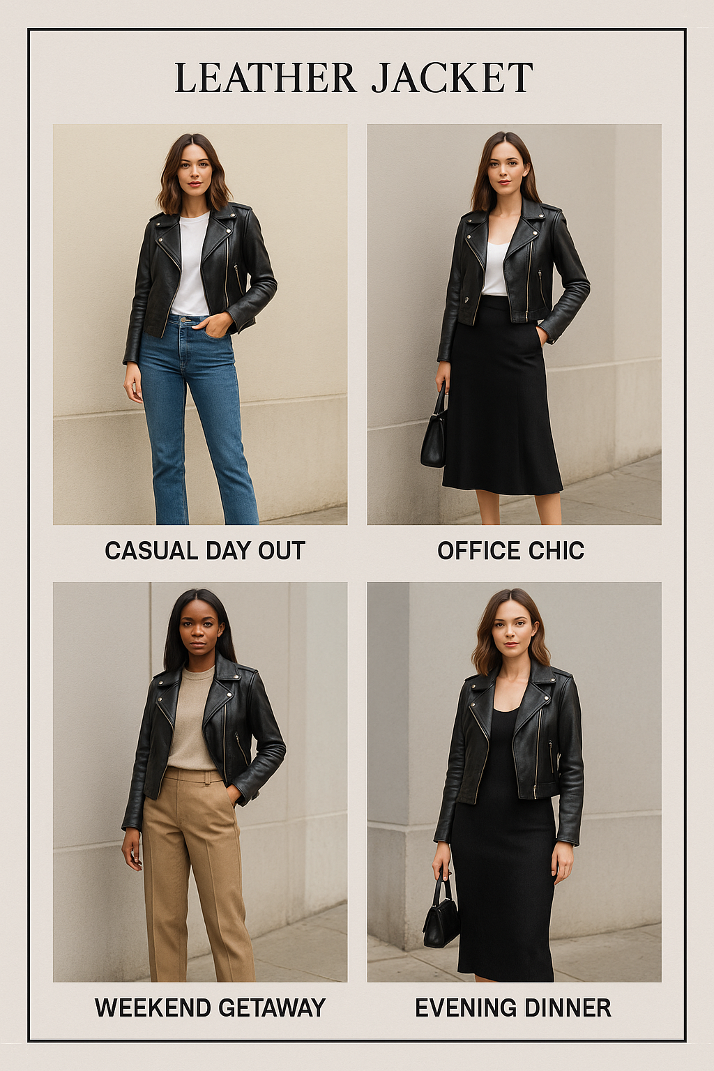 Collage of stylish outfits with best leather jackets women styled for various occasions