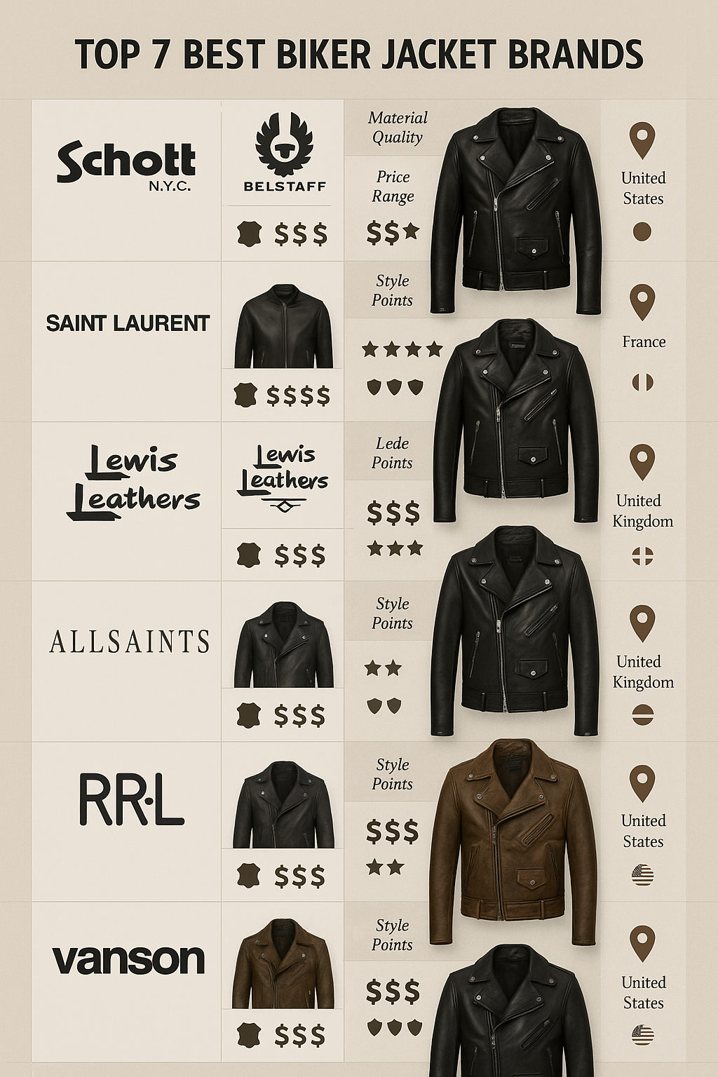 Comparison chart of best biker jacket brands highlighting style durability and price