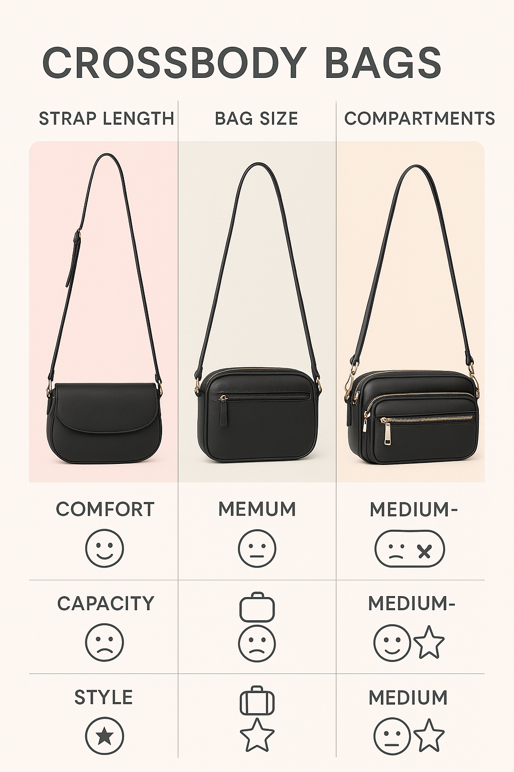 Comparison chart of best crossbody bags for travel showing straps compartments and style ratings