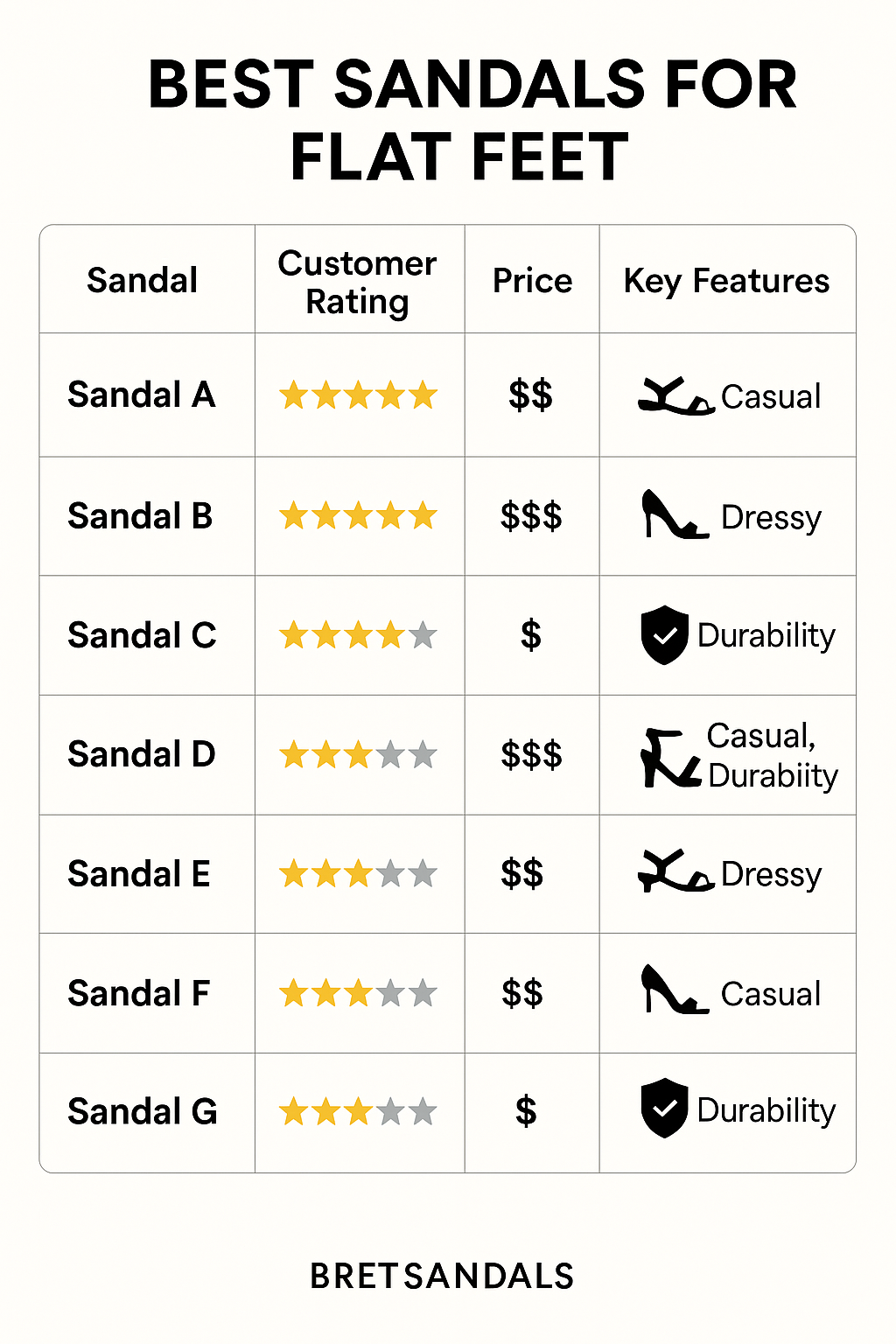 7 Best Sandals for Flat Feet: Stylish Comfort for Fashion-Savvy Women 6 Comparison chart of best sandals for flat feet showing ratings and features