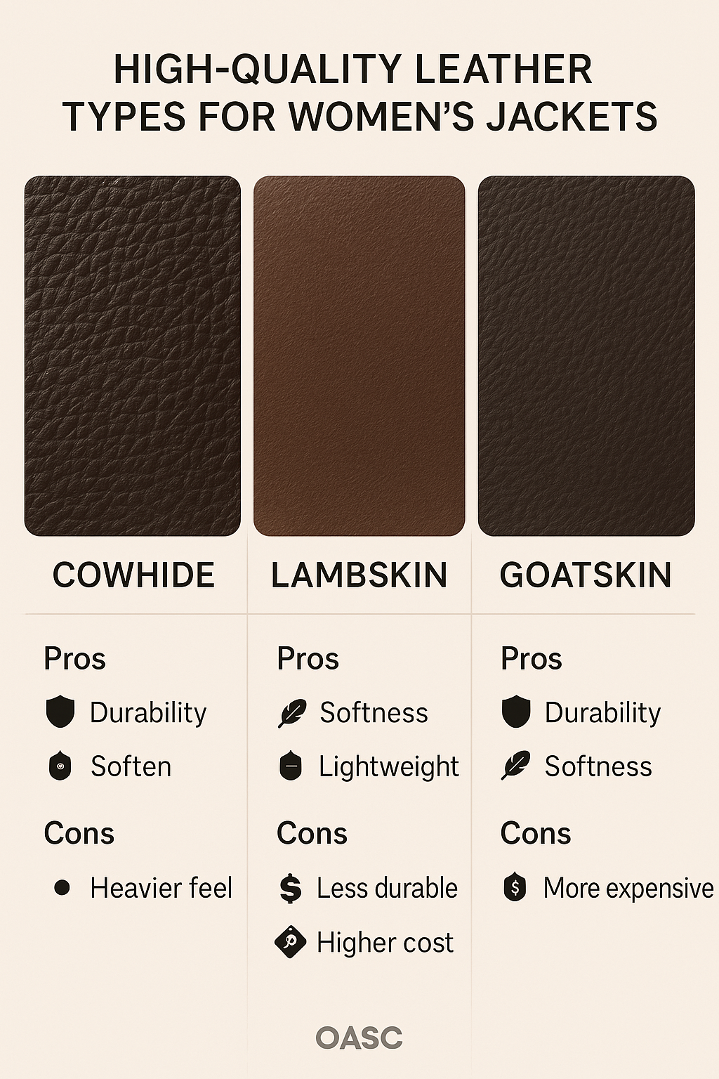 Comparison of leather types showing best leather jackets women options by texture and durability