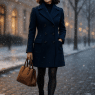 Confident woman wearing the best peacoats for women walking stylishly on a winter city street