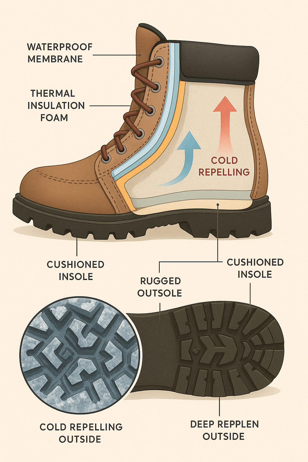 Cross section diagram showing construction layers of best winter boots for snow with insulation and