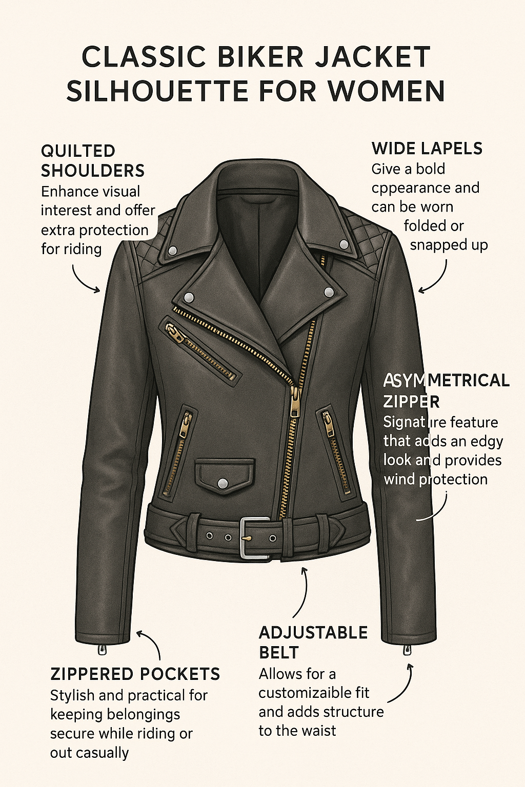 Diagram showing iconic features of stylish biker jackets for women