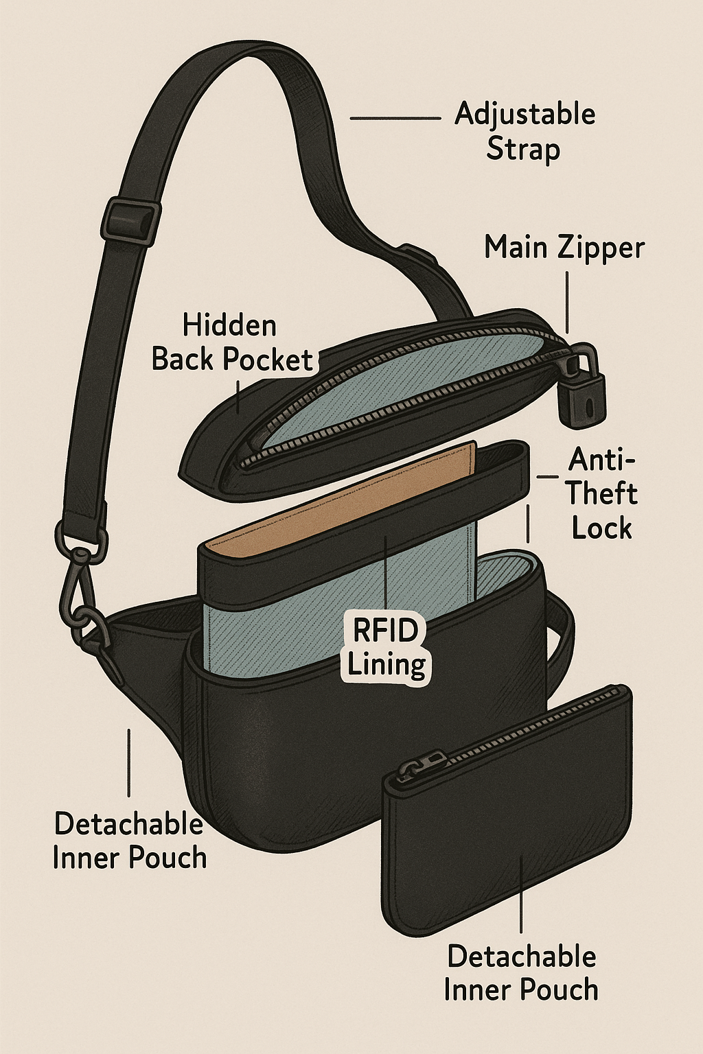 Exploded view diagram detailing functional parts of best crossbody bags for travel