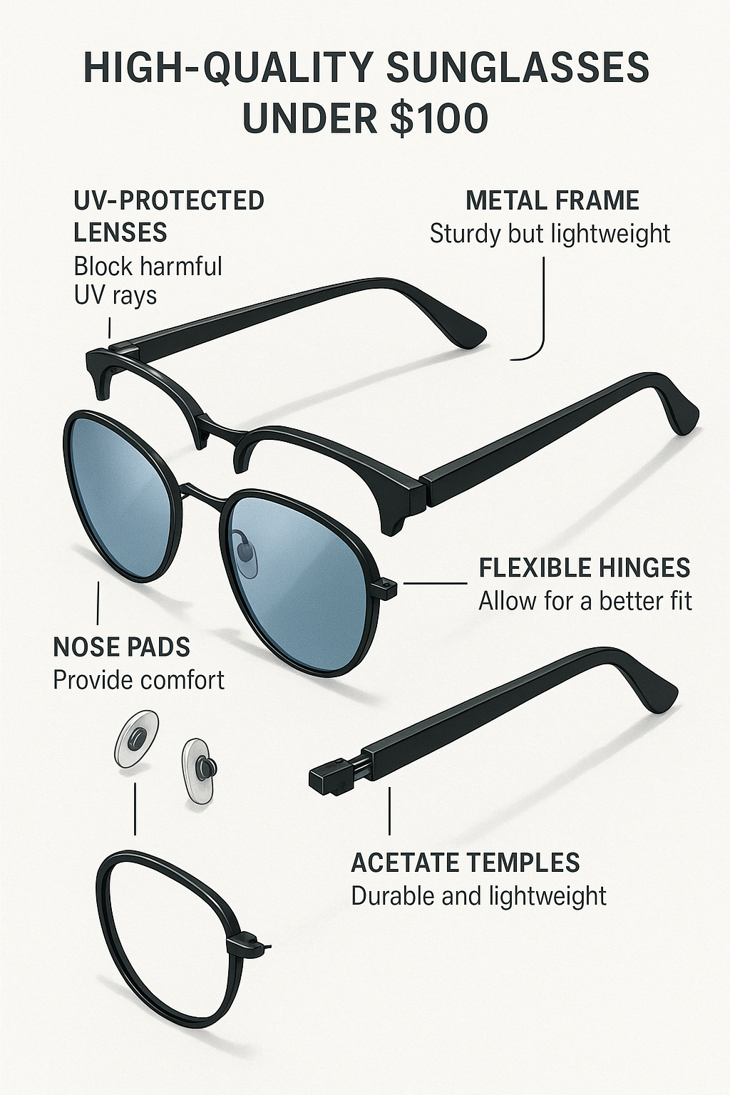7 Stylish Best Sunglasses Under 100 for Fashion-Savvy Women 4 Exploded view of best sunglasses under 100 showing parts and quality features