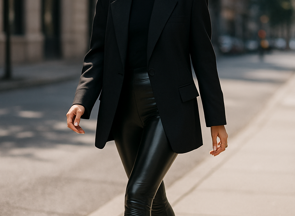 7 Best Faux Leather Leggings for Stylish, Practical Wardrobes 1 Fashion-savvy woman confidently wearing the best faux leather leggings in an urban street look