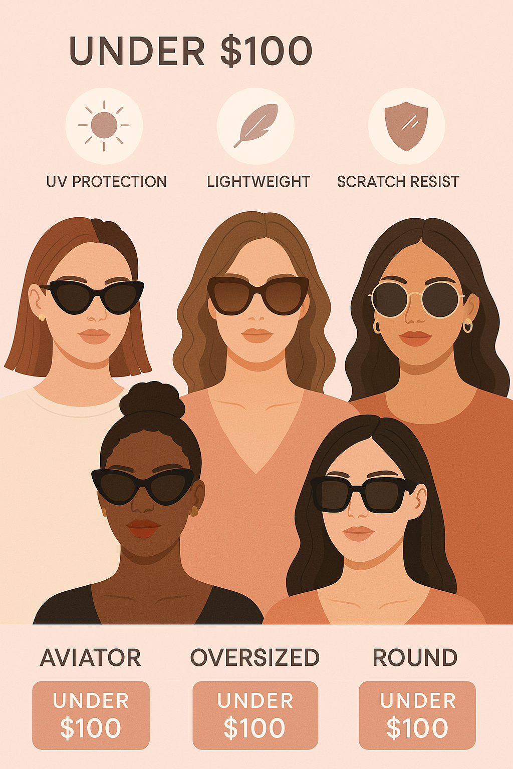 7 Stylish Best Sunglasses Under 100 for Fashion-Savvy Women 2 Fashion savvy women wearing best sunglasses under 100 with style and key features highlighted